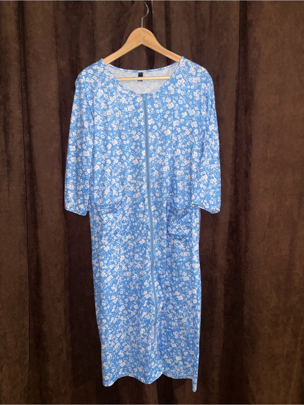 Bloggerlove Blue Floral Zip-Front Duster House Dress Robe Mumu with Pockets